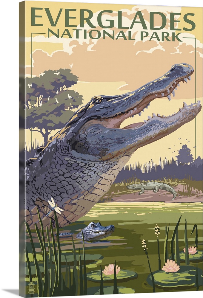The Everglades National Park, Florida - Alligator Scene: Retro Travel Poster