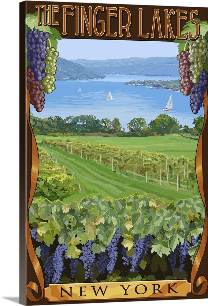 Retro stylized art poster of a lush vineyard, with purple grapes.