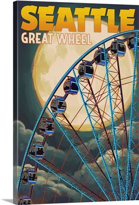The Great Wheel and Full Moon - Seattle, Washington: Retro Travel Poster