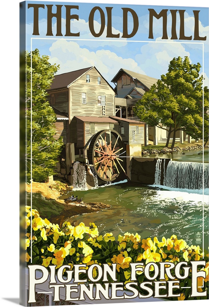 Retro stylized art poster of a old mill, with a water wheel.