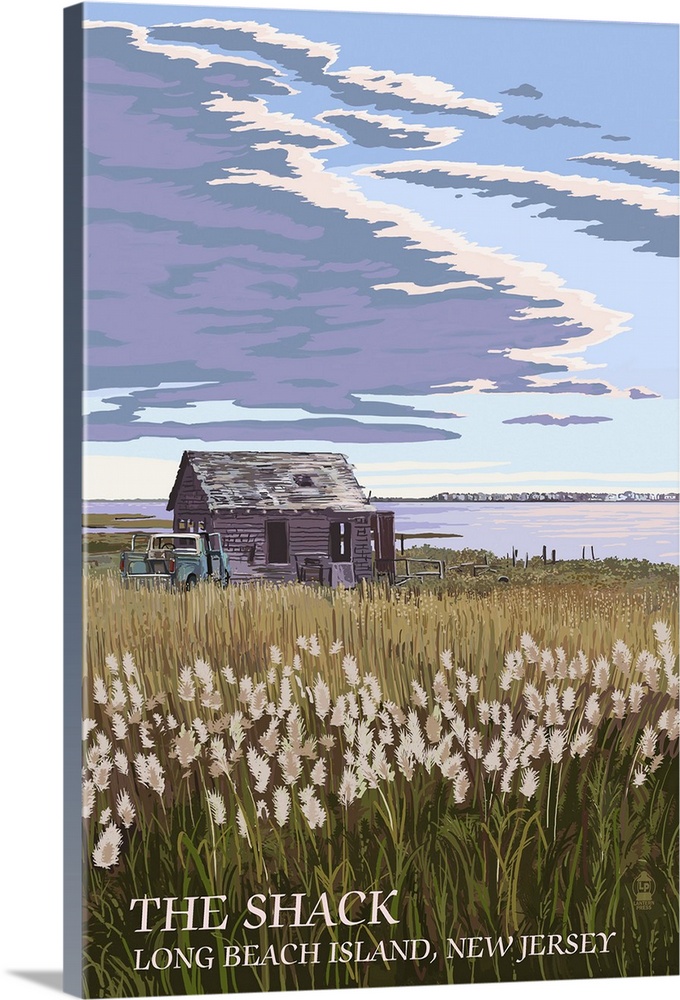 Retro stylized art poster of a field of tall grass with an old shack, under a cloudy sky.