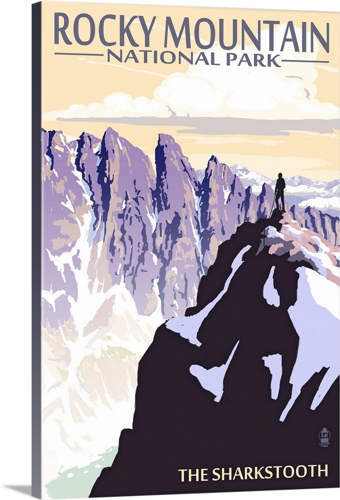 Retro stylized art poster of jagged mountain cliffs in winter.