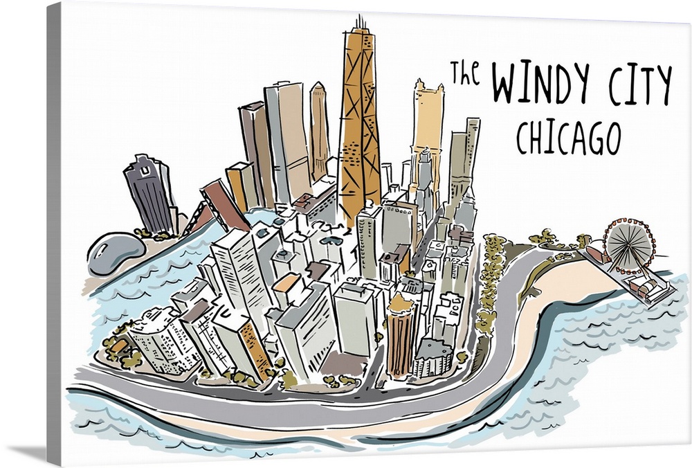The Windy City - Chicago, Illinois - Line Drawing
