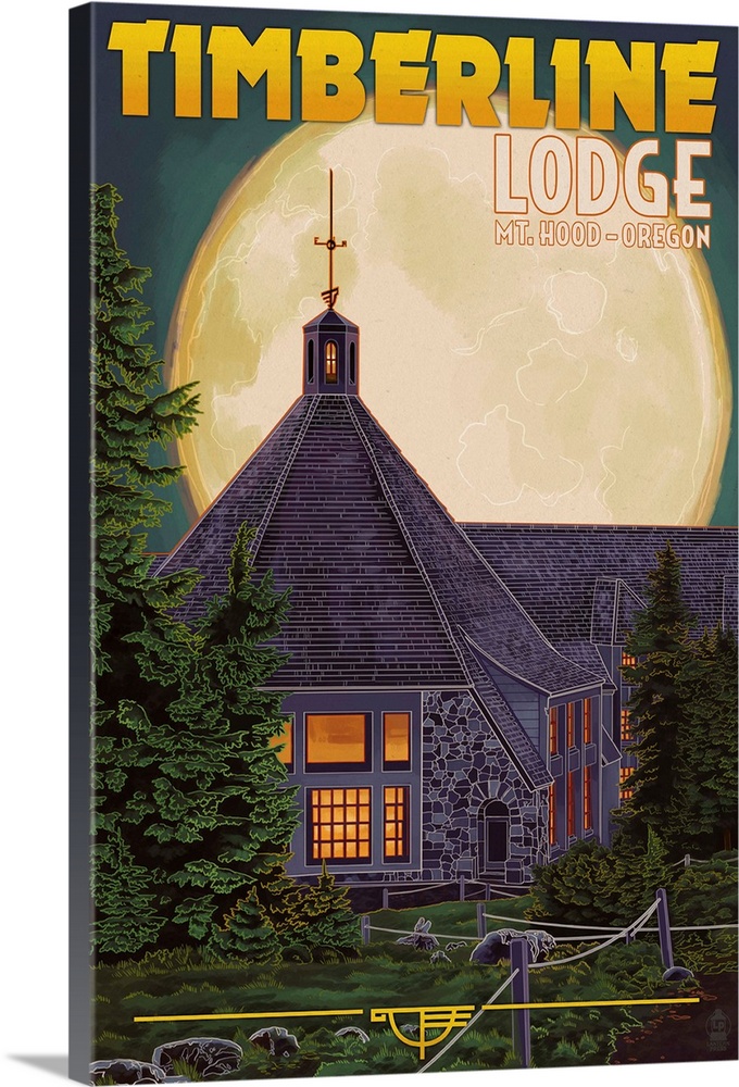 Timberline Lodge and Full Moon - Mt. Hood, Oregon: Retro Travel Poster