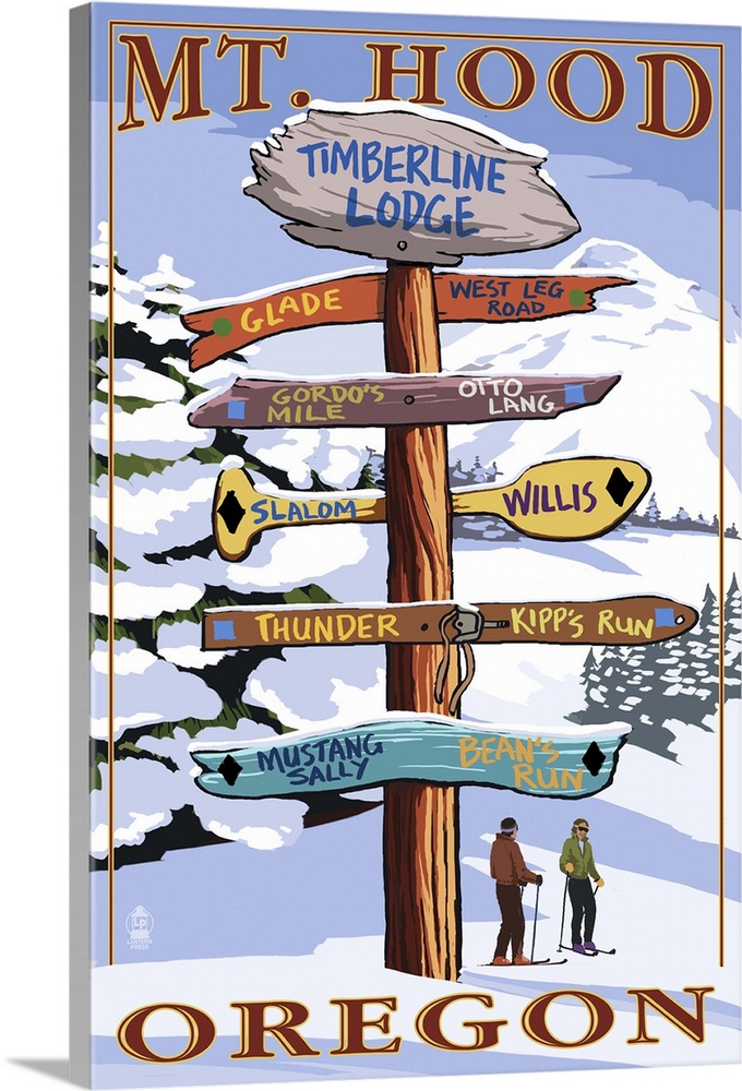 Timberline Lodge - Mt. Hood, Oregon - Winter Ski Runs Sign: Retro Travel Poster