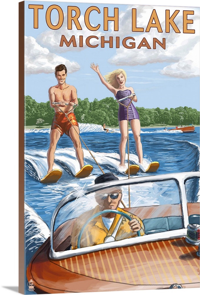 Torch Lake, Michigan - Water Skiing and Wooden Boat : Retro Travel Poster