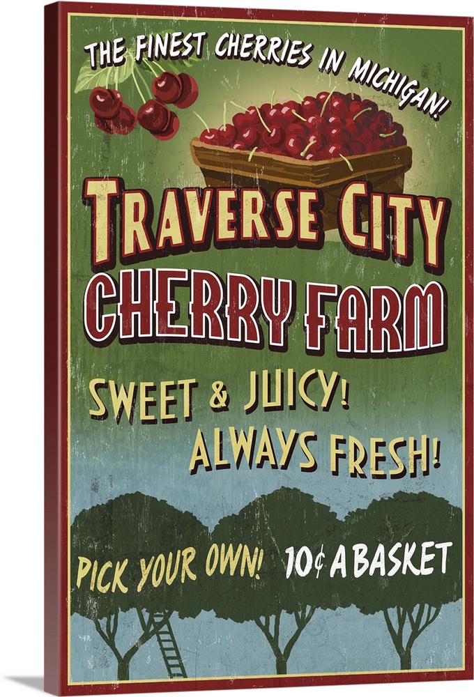Traverse City, Michigan - Cherry Farm Vintage Sign: Retro Travel Poster