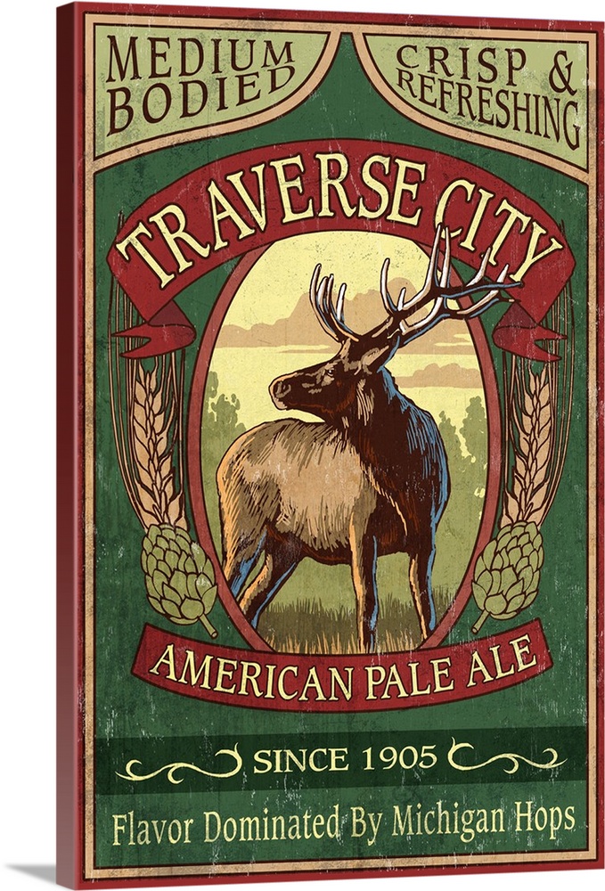 Traverse City, Michigan - Elk Head Pale Ale Vintage Sign: Retro Travel Poster