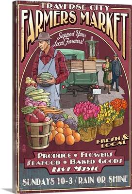 Traverse City, Michigan - Farmers Market Vintage Sign: Retro Travel Poster
