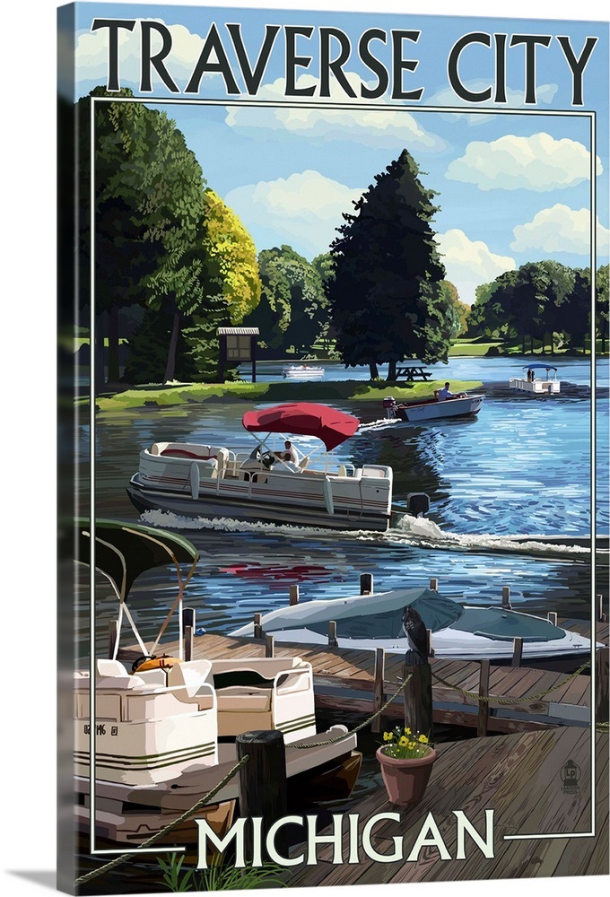 Traverse City, Michigan Pontoon Boats Retro Travel Poster Wall Art