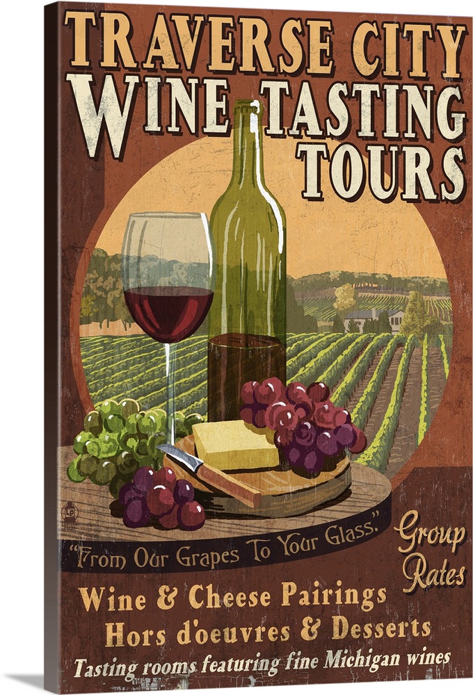 Traverse City, Michigan - Wine Tasting Vintage Sign: Retro Travel Poster