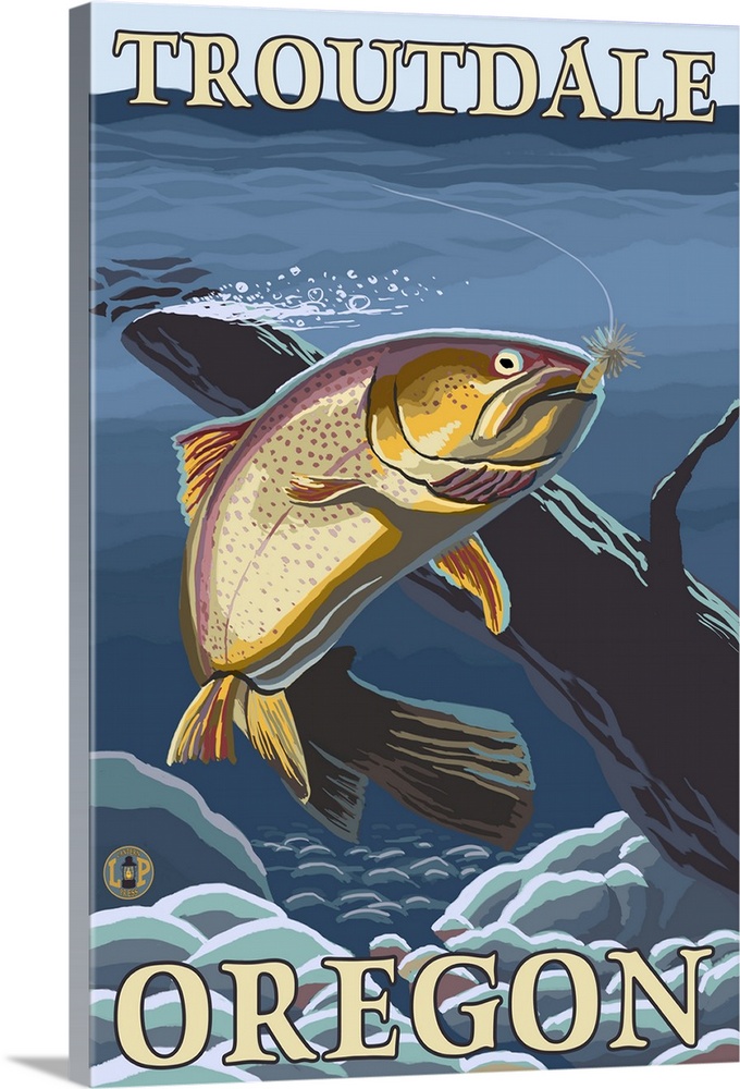 Trout Fishing CrossSection Troutdale, Oregon Retro Travel Poster
