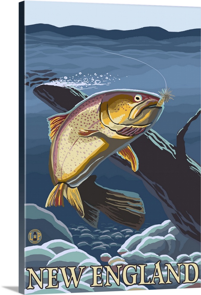 Trout in Stream - New England: Retro Travel Poster Wall Art