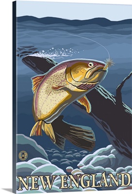 Trout in Stream - New England: Retro Travel Poster