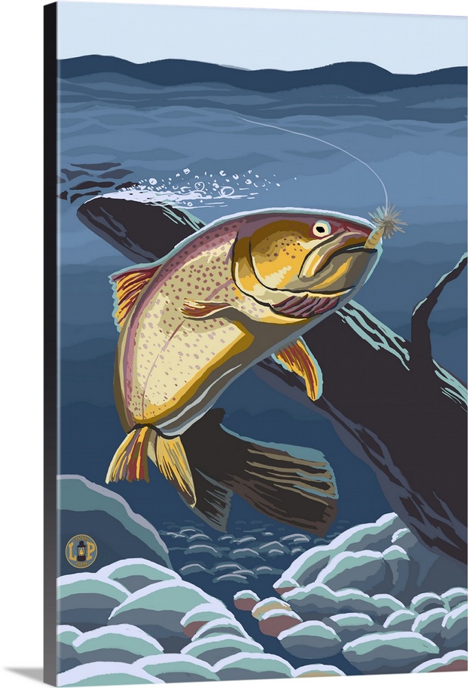 Retro stylized art poster of a trout with a fishing line caught in its mouth.