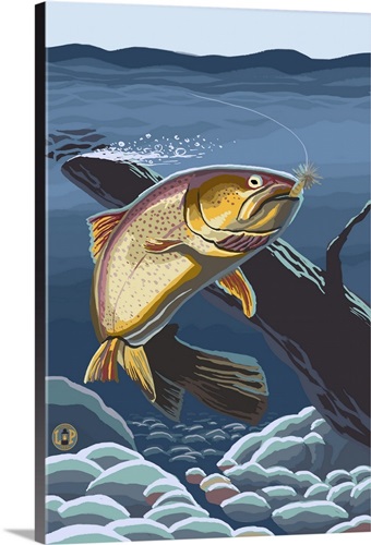 Trout Underwater: Retro Poster Art Solid-Faced Canvas Print