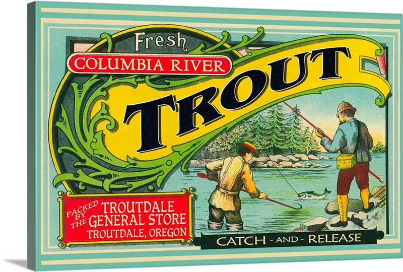Troutdale, Oregon Trout Label Retro Travel Poster Great Big Canvas