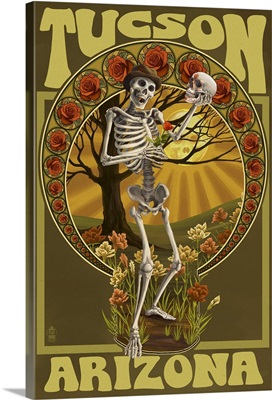 Tucson, Arizona - Day of the Dead - Skeleton Holding Sugar Skull: Retro Travel Poster