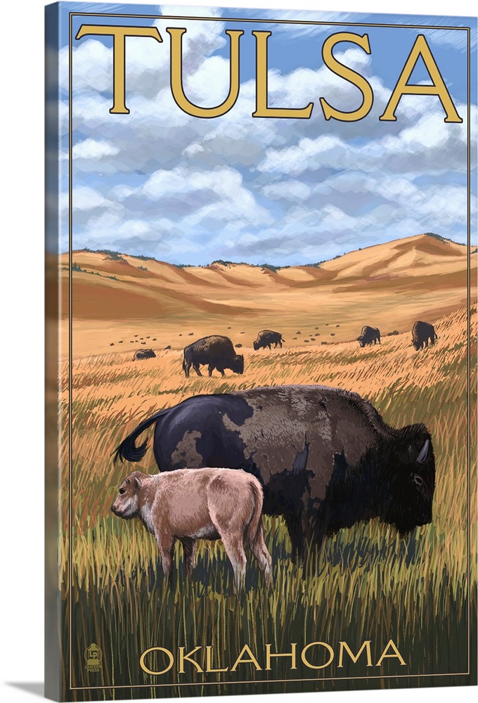 Tulsa, Oklahoma - Buffalo and Calf: Retro Travel Poster