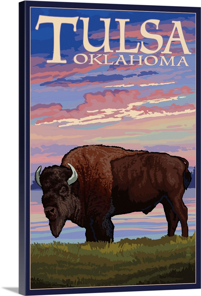 Tulsa, Oklahoma - Buffalo and Sunset: Retro Travel Poster