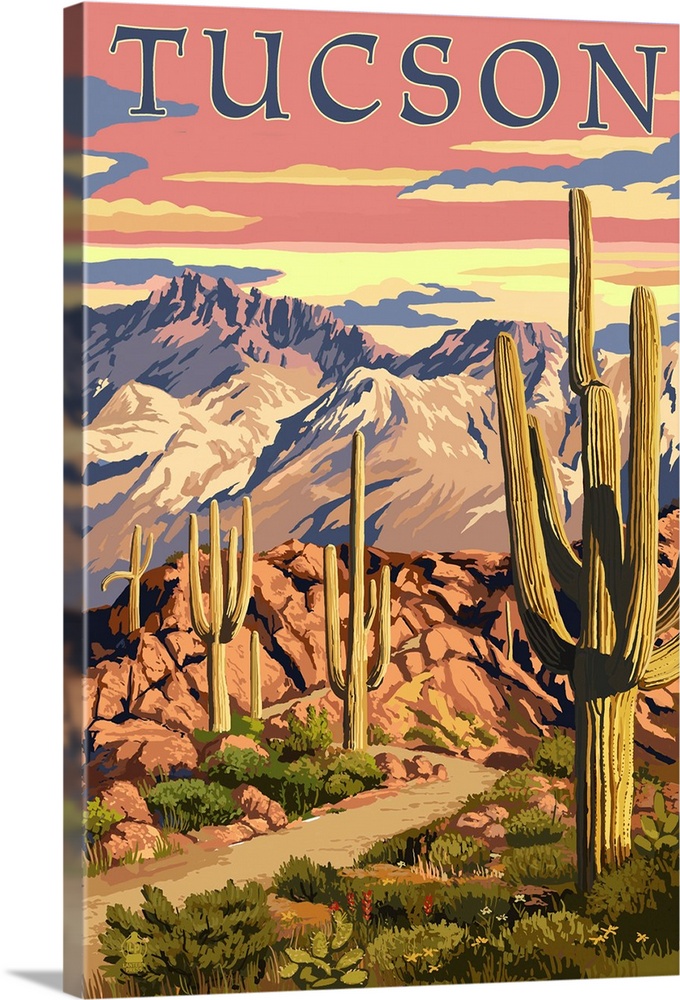 Tuscon, Arizona Sunset Desert Scene: Retro Travel Poster