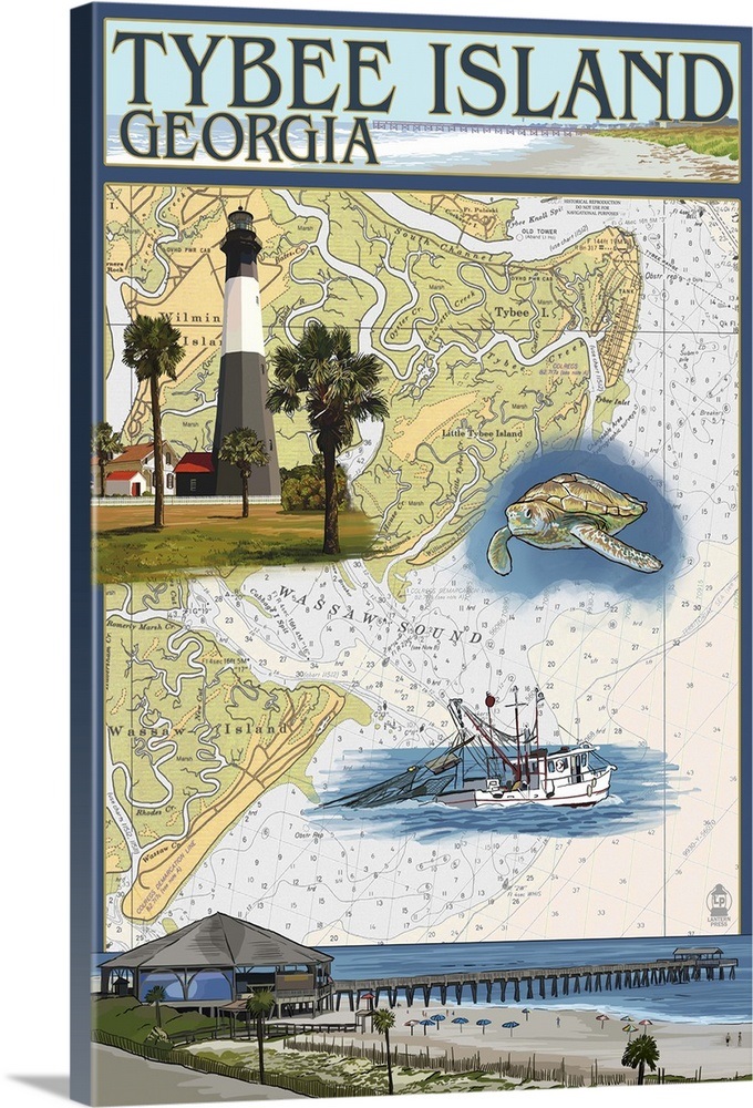 Tybee Island, Nautical Chart Retro Travel Poster Wall Art