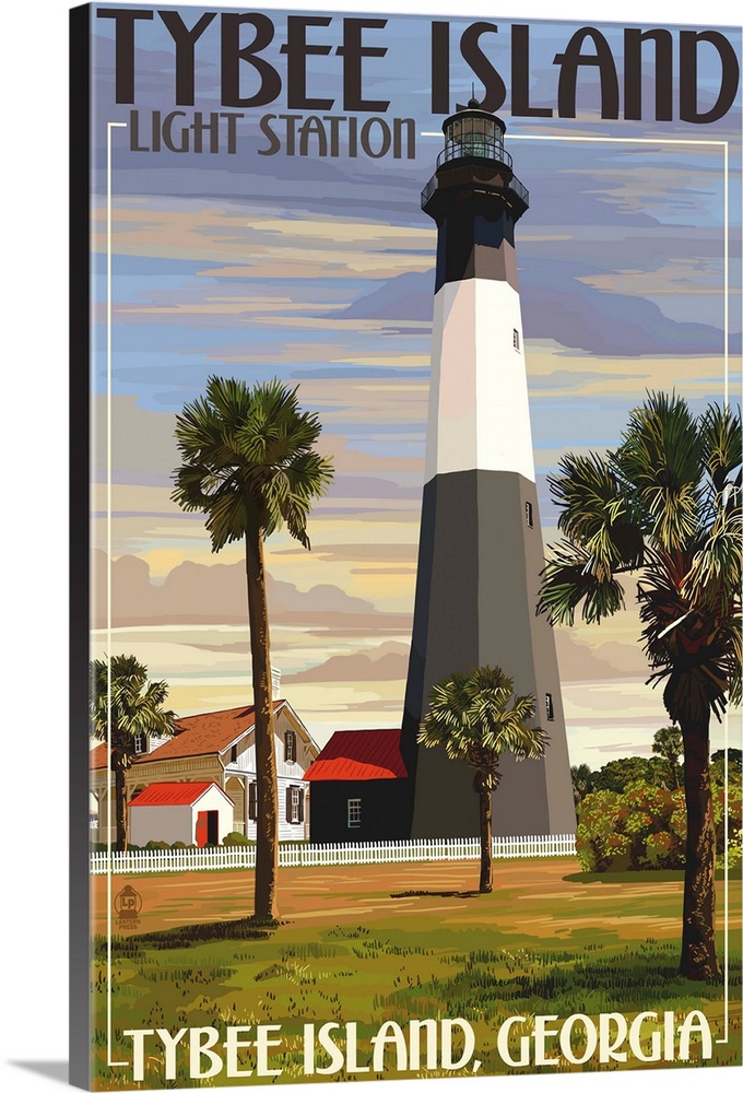 Retro stylized art poster of a lighthouse surrounded by palm trees.