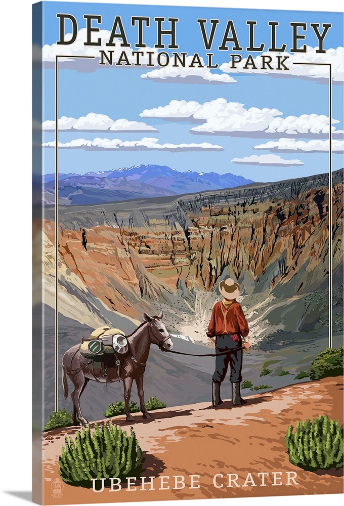 Retro stylized art poster of a man and a donkey overlooking a desert valley.