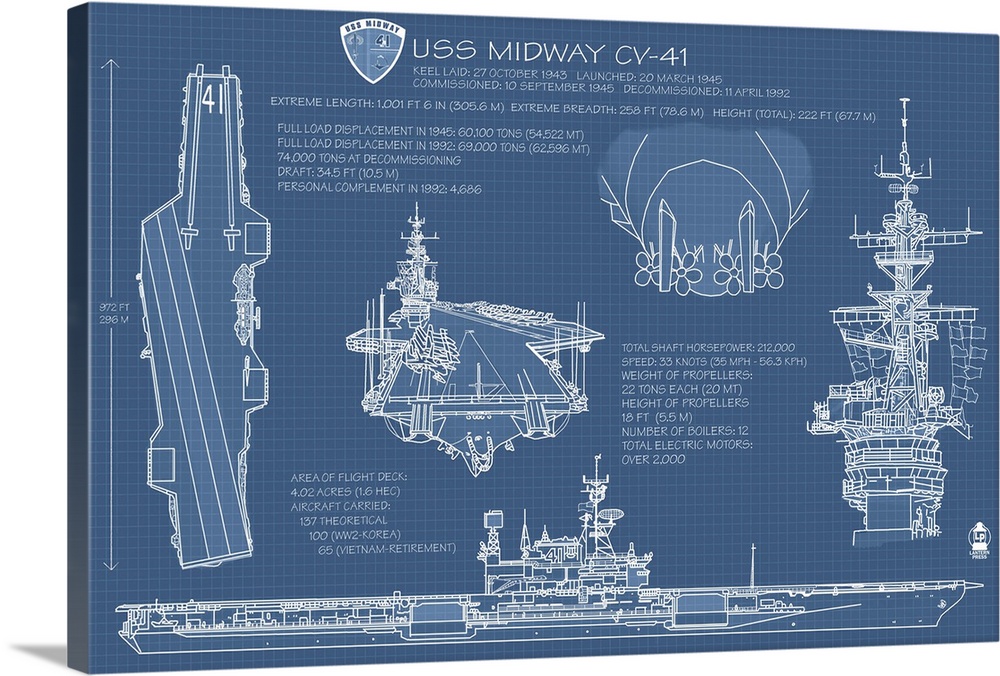 USS Midway Blue Print - San Diego, CA: Retro Travel Poster