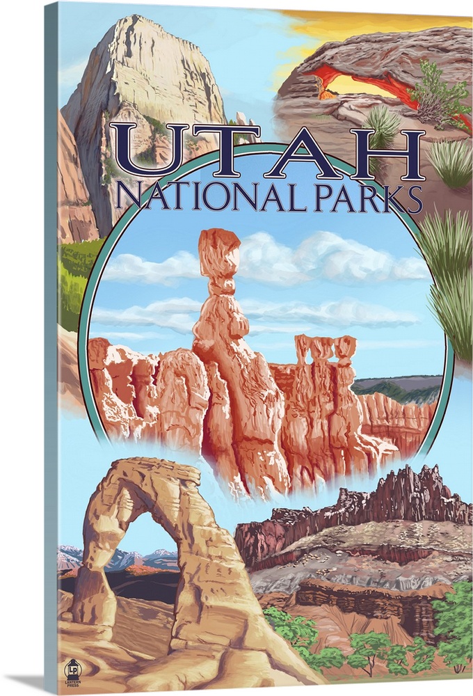 Utah National Parks - Bryce in Center: Retro Travel Poster