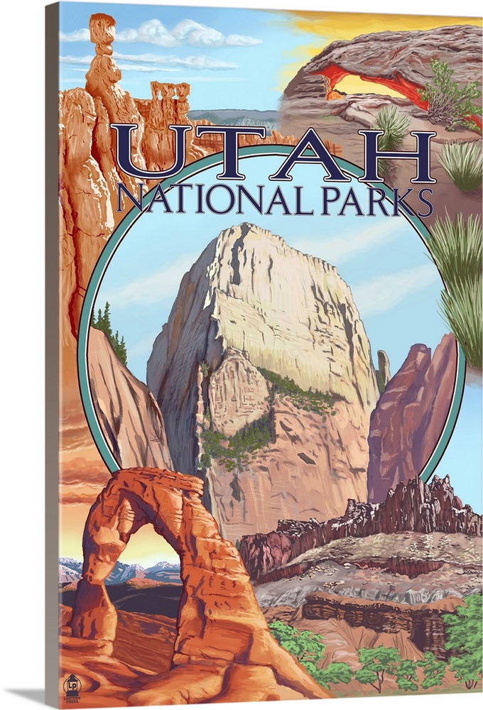 Utah National Parks - Zion in Center: Retro Travel Poster