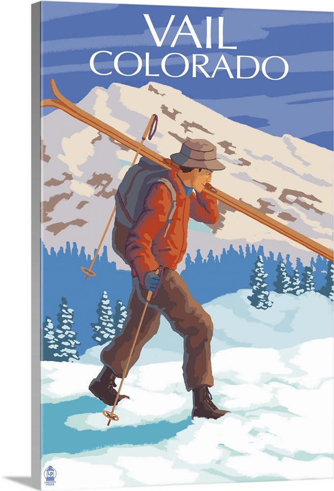Vail, CO - Skier Carrying Skis: Retro Travel Poster