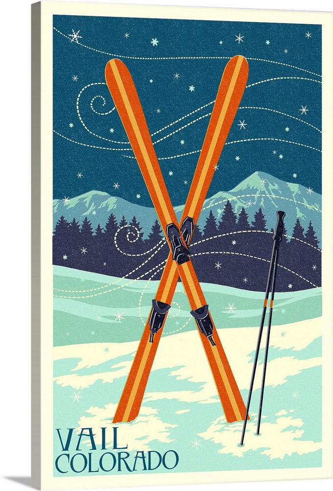 Vail, Colorado - Crossed Skis - Letterpress: Retro Travel Poster