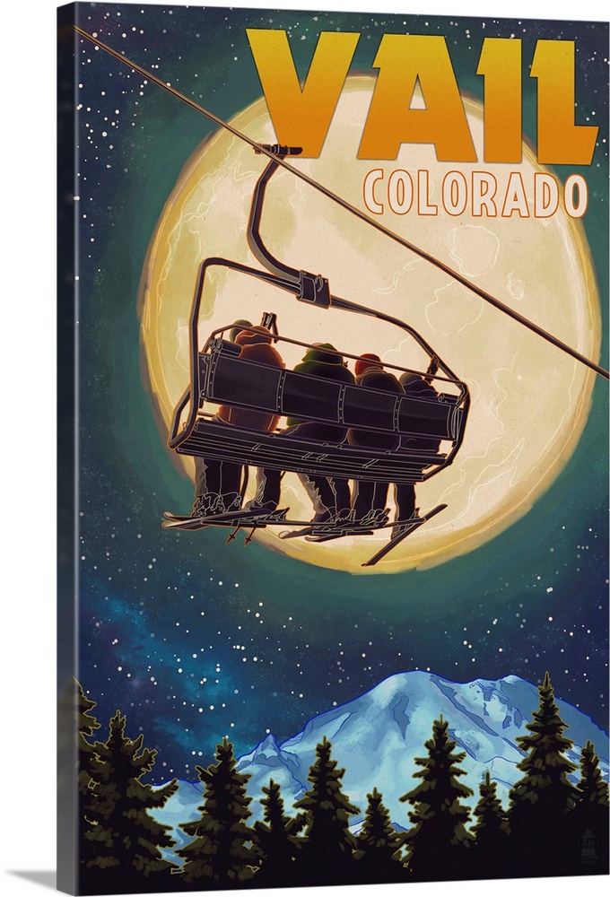 Vail, Colorado - Ski Lift and Full Moon: Retro Travel Poster
