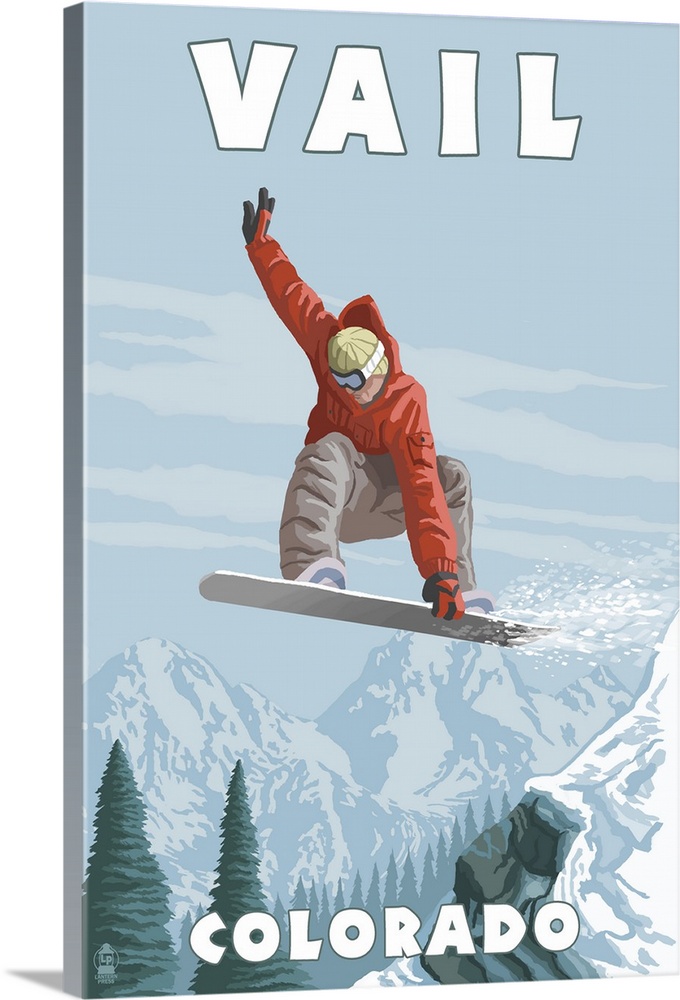 Vail, Colorado - Snowboarder Jumping: Retro Travel Poster