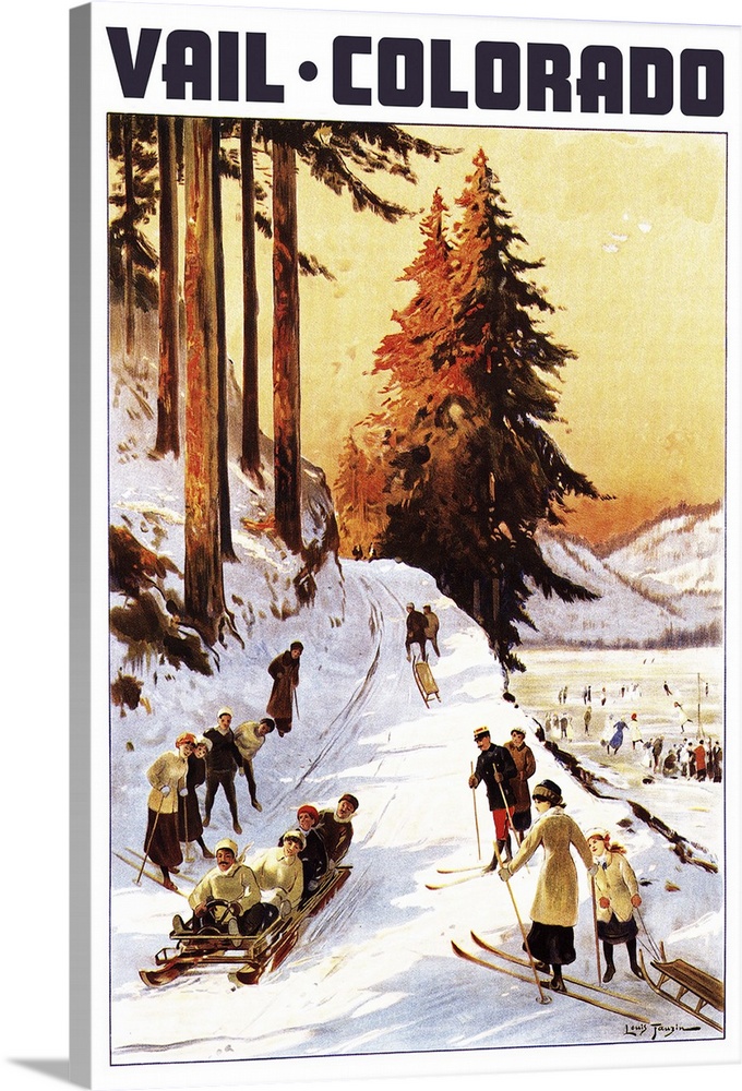 Vail, Colordao - Sledding and Skiing: Retro Travel Poster