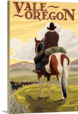 Vale, Oregon - Cowboy Watching Cattle: Retro Travel Poster