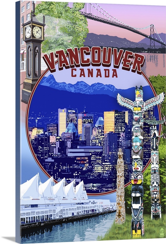 Vancouver, BC Montage Scenes Retro Travel Poster Wall Art, Canvas