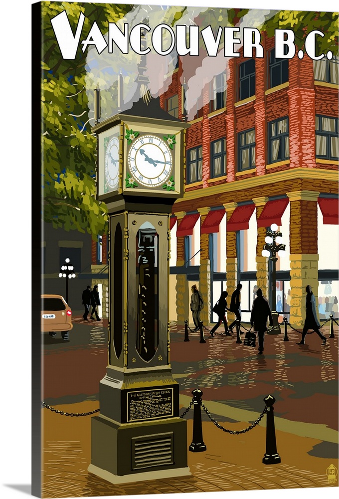 Retro stylized art poster of a steam clock with a town scene in the background.