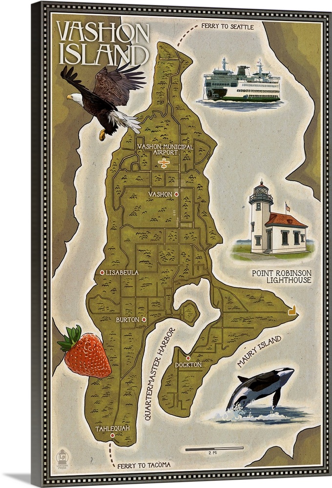 Stylized art poster showing scenes from the local area around a map of Vashon Island.
