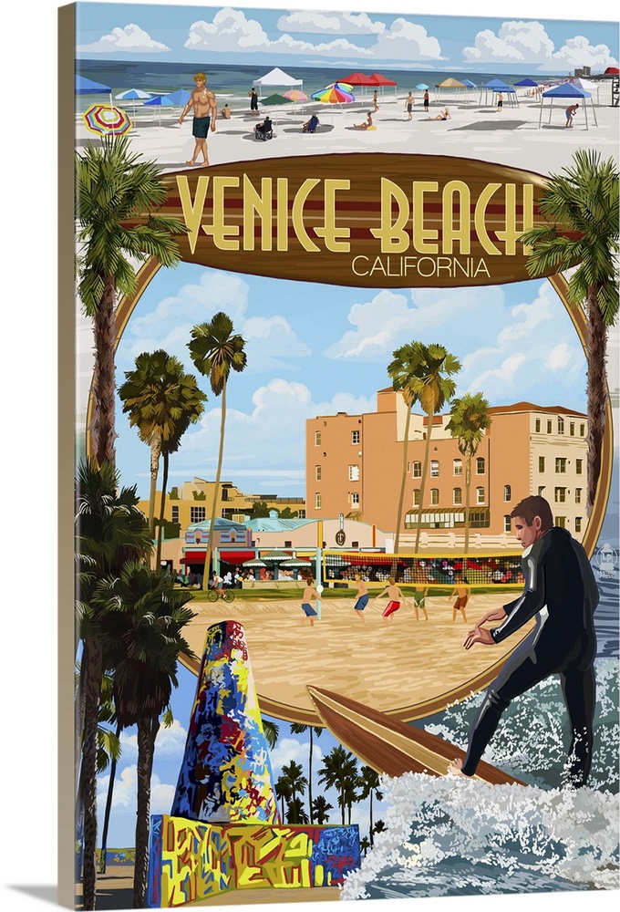 Venice Beach, California - Montage Scenes: Retro Travel Poster