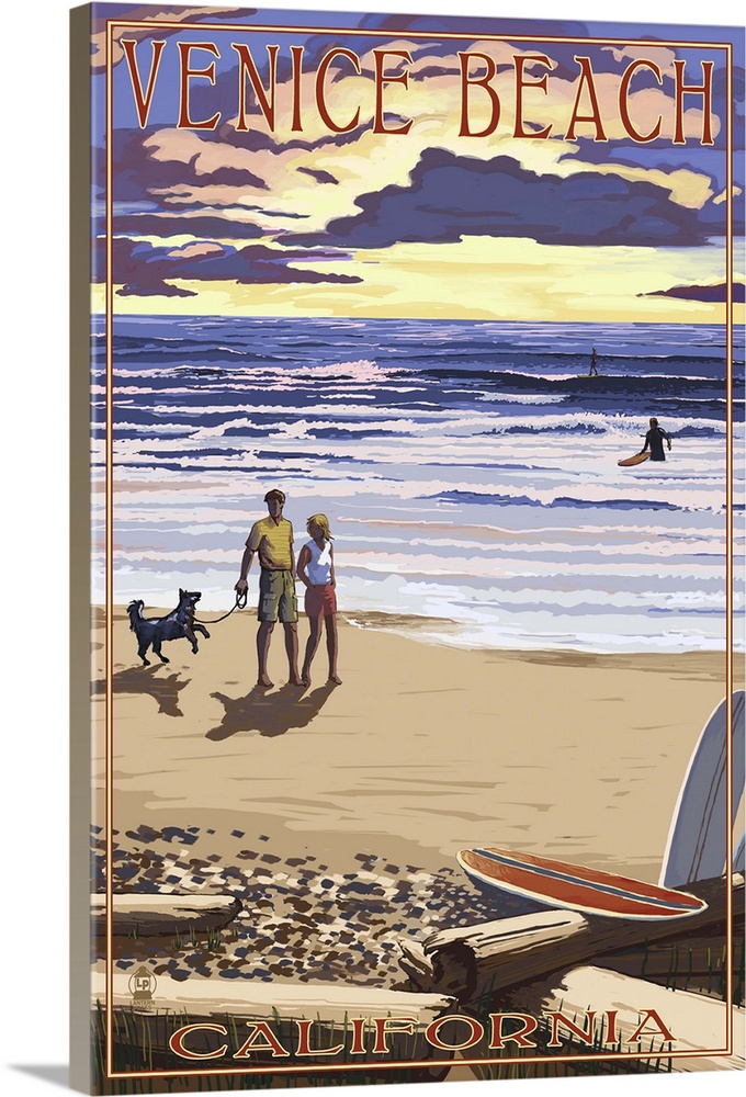 Venice Beach, California - Sunset Beach Scene: Retro Travel Poster