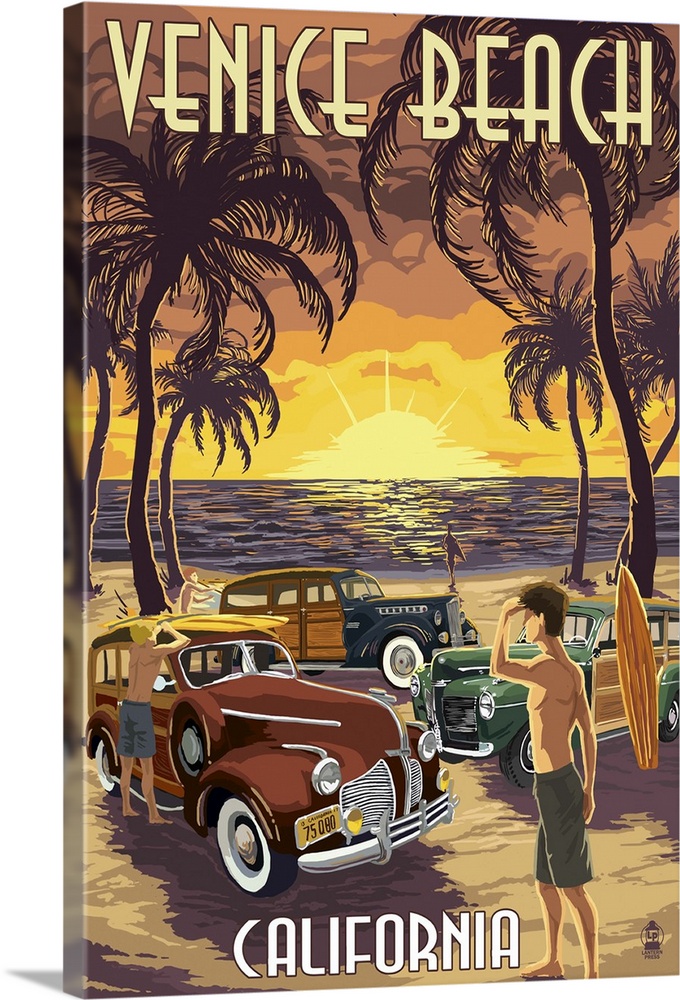 Venice Beach, California - Woodies and Sunset: Retro Travel Poster