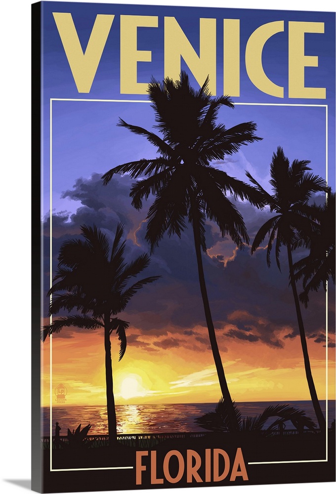Venice, Florida - Palms and Sunset: Retro Travel Poster