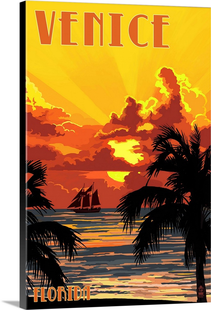 Venice, Florida - Sunset and Ship: Retro Travel Poster