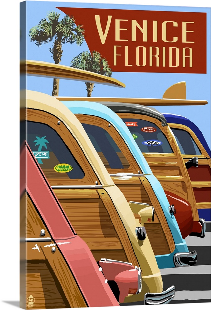 Venice, Florida - Woodies Lined Up: Retro Travel Poster
