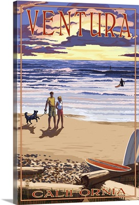 Ventura, California - Sunset Beach Walk: Retro Travel Poster