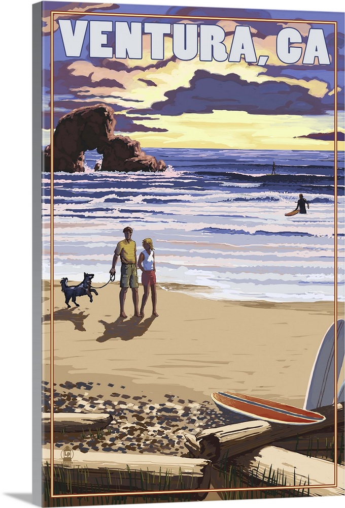 Ventura, California - Surfing Beach Scene: Retro Travel Poster