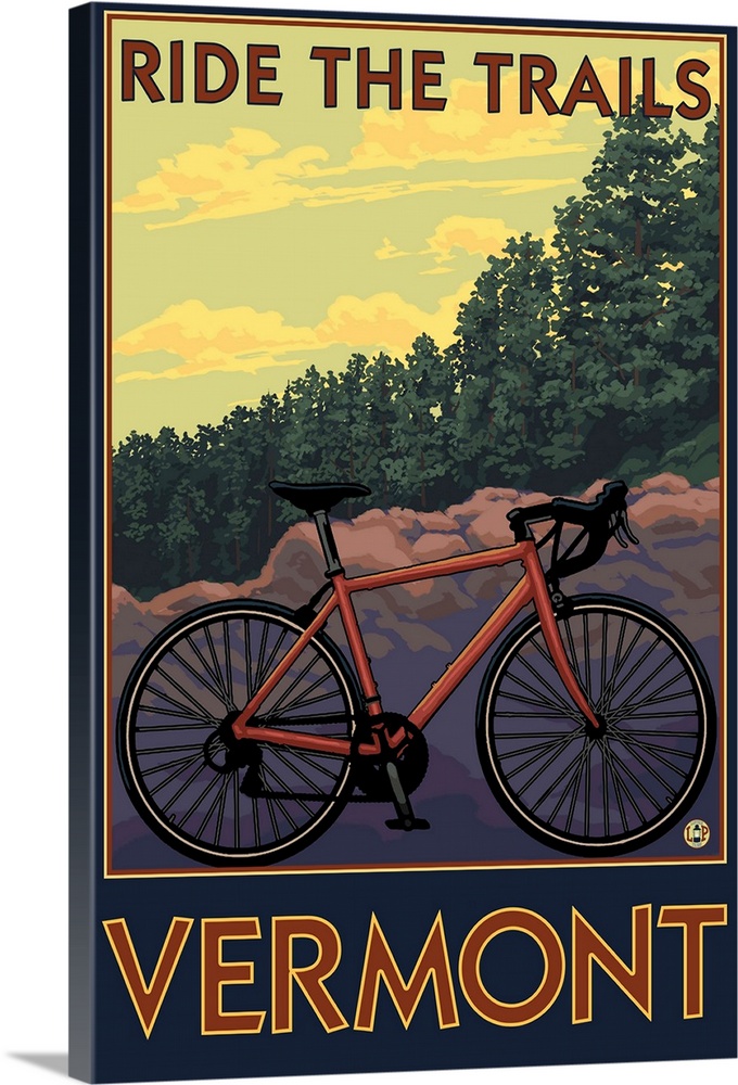 Retro stylized art poster of a mountain bike, with a dense lush forest in the background.