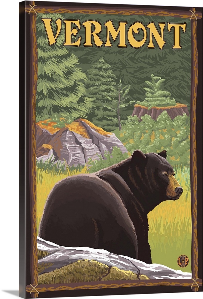Vermont - Black Bear in Forest: Retro Travel Poster